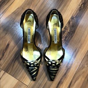 Manolo Blahnik gold &black pumps